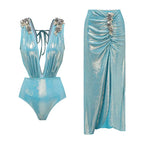 Blue Shiny Beaded Deep Slit Swimsuit Set