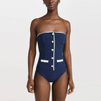 Navy Blue Button Detail Shorts Swimsuit Set