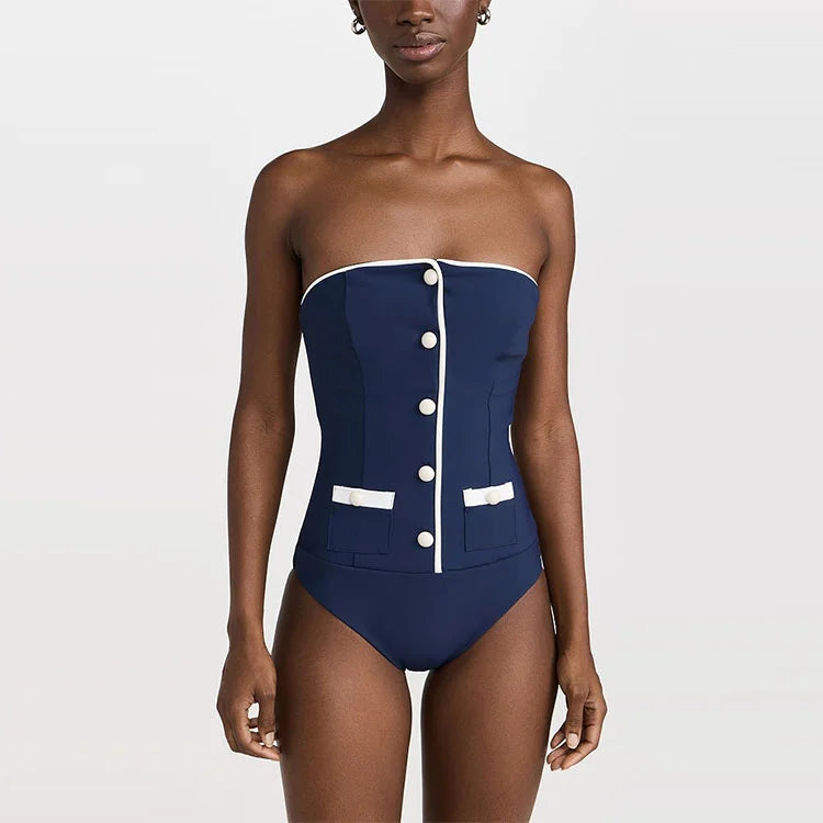 Navy Blue Button Detail Shorts Swimsuit Set