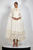 Cape-Style Ruffled Midi Dress