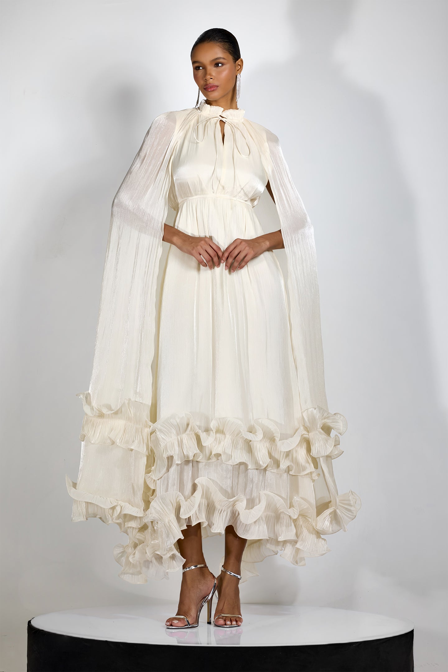 Cape-Style Ruffled Midi Dress