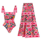 Ribboned Floral Pattern Swimsuit Set