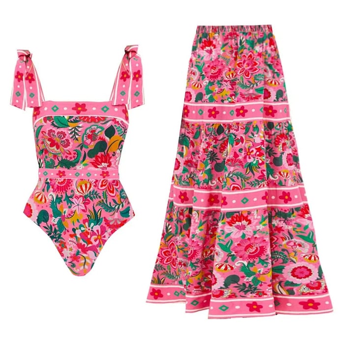 Kurdeleli Çiçek Desenli Mayo Takımı