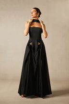 Sarah Strapless Long Dress with Floral Details and Scarf