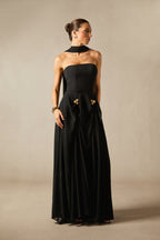 Sarah Strapless Long Dress with Floral Details and Scarf