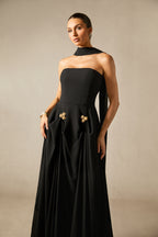 Sarah Strapless Long Dress with Floral Details and Scarf