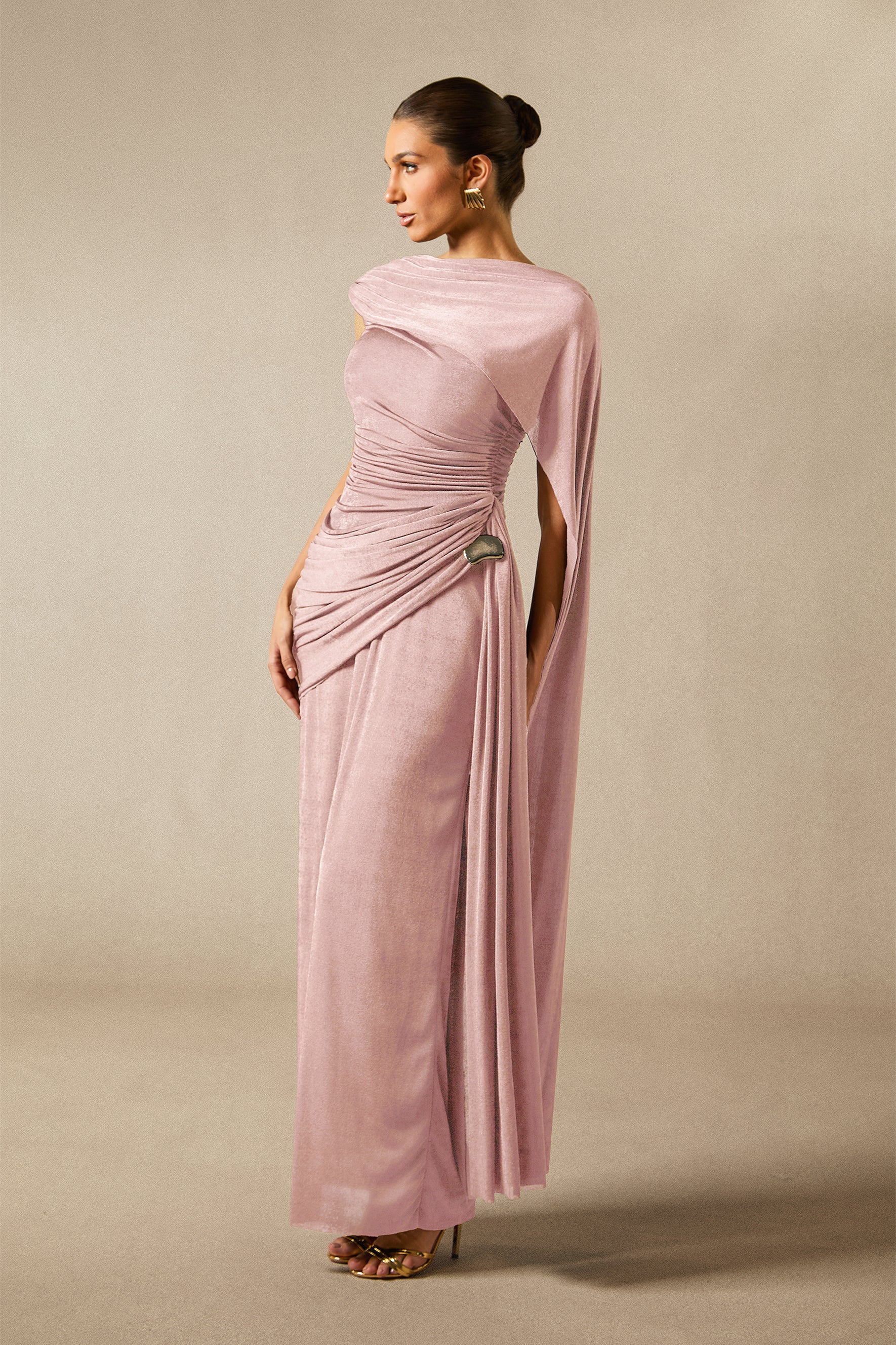 Aubrie One-Shoulder Draped Cape Long Dress