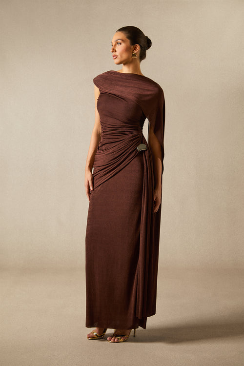Aubrie One-Shoulder Draped Cape Long Dress