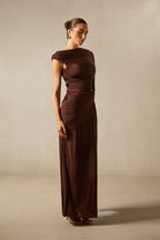 Aubrie One-Shoulder Draped Cape Long Dress