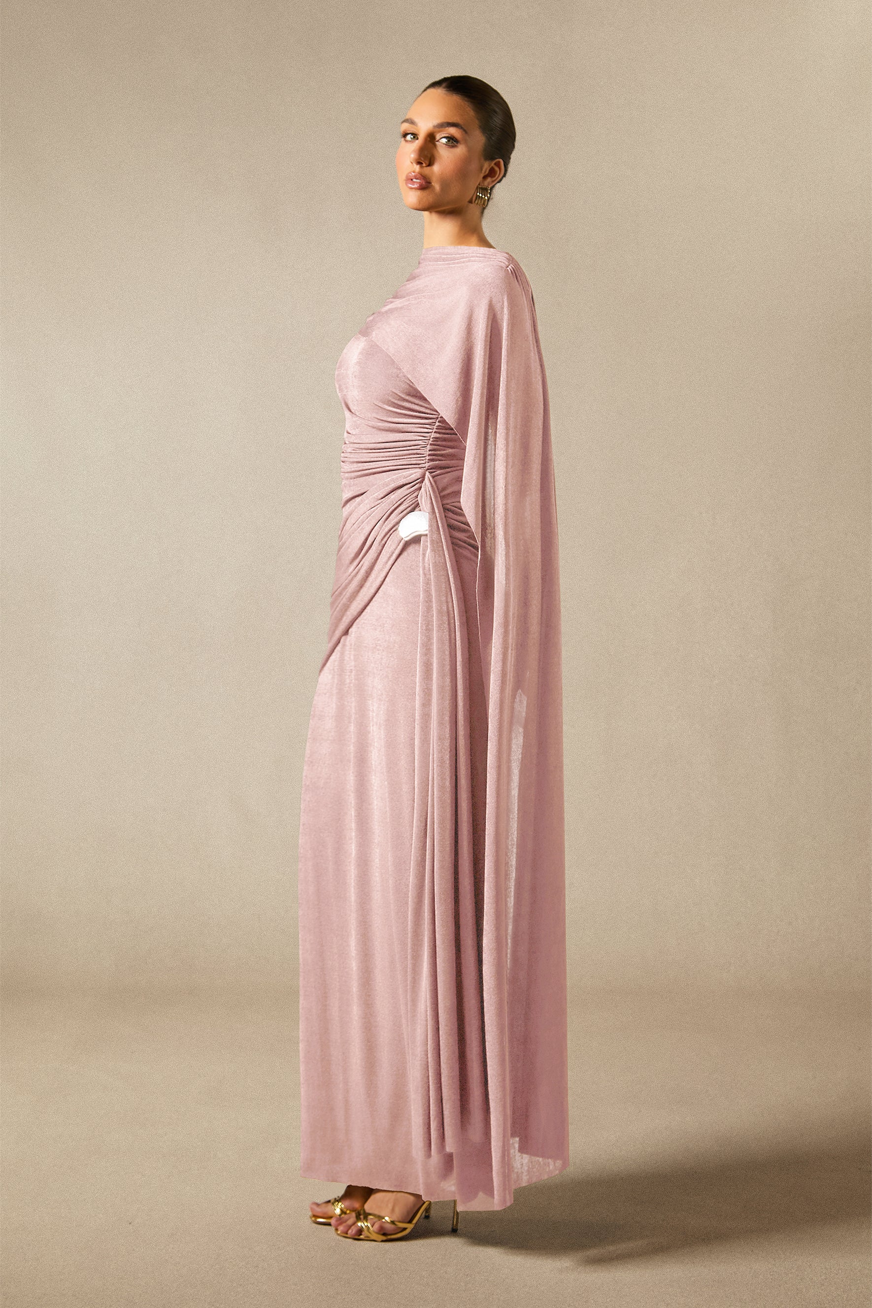 Aubrie One-Shoulder Draped Cape Long Dress
