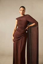 Aubrie One-Shoulder Draped Cape Long Dress