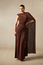 Aubrie One-Shoulder Draped Cape Long Dress