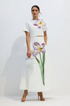 Angelica Short-Sleeved Top and Skirt Set with Floral Applique