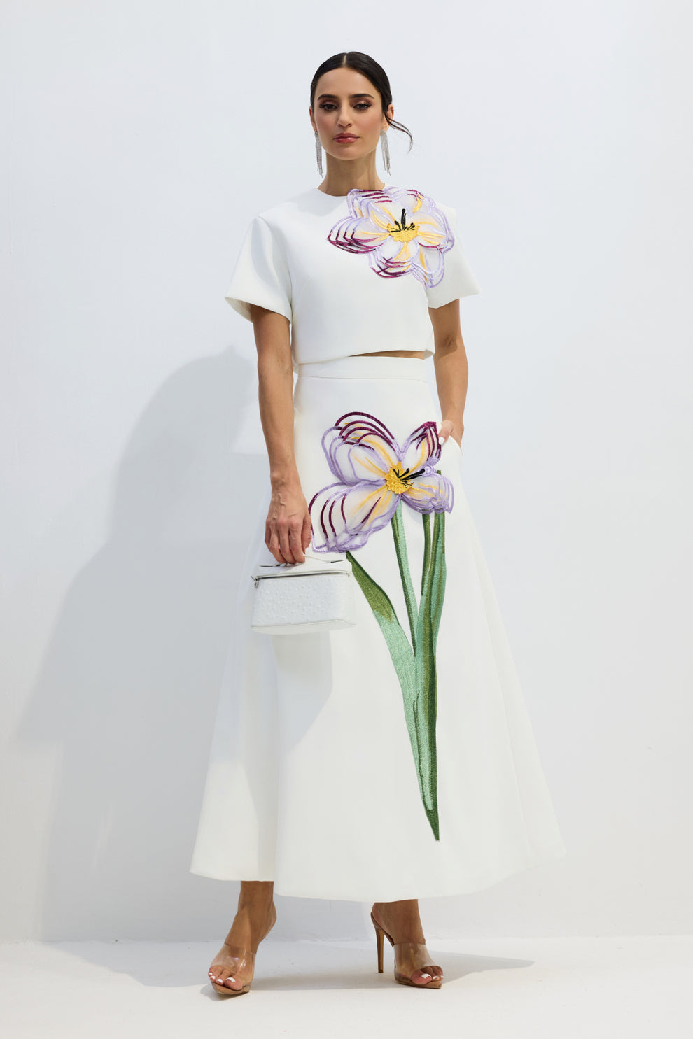 Angelica Çiçek Aplikeli Kısa Kollu Üst ve Etek Takımı