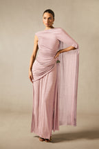 Aubrie One-Shoulder Draped Cape Long Dress