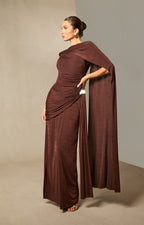 Aubrie One-Shoulder Draped Cape Long Dress