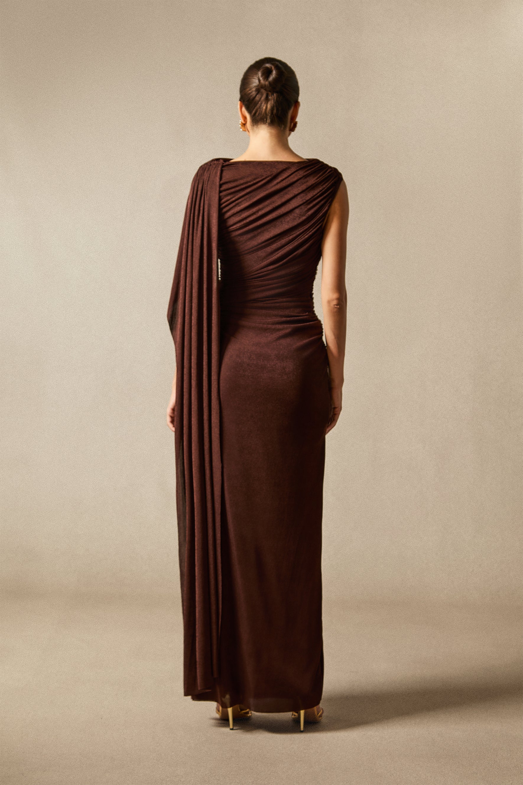 Aubrie One-Shoulder Draped Cape Long Dress
