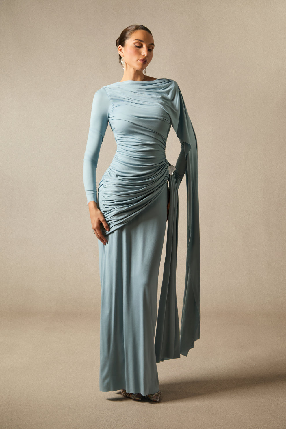Elsie Long Sleeved Cape Detail Long Dress