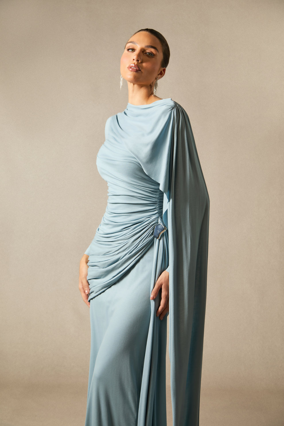 Elsie Long Sleeved Cape Detail Long Dress