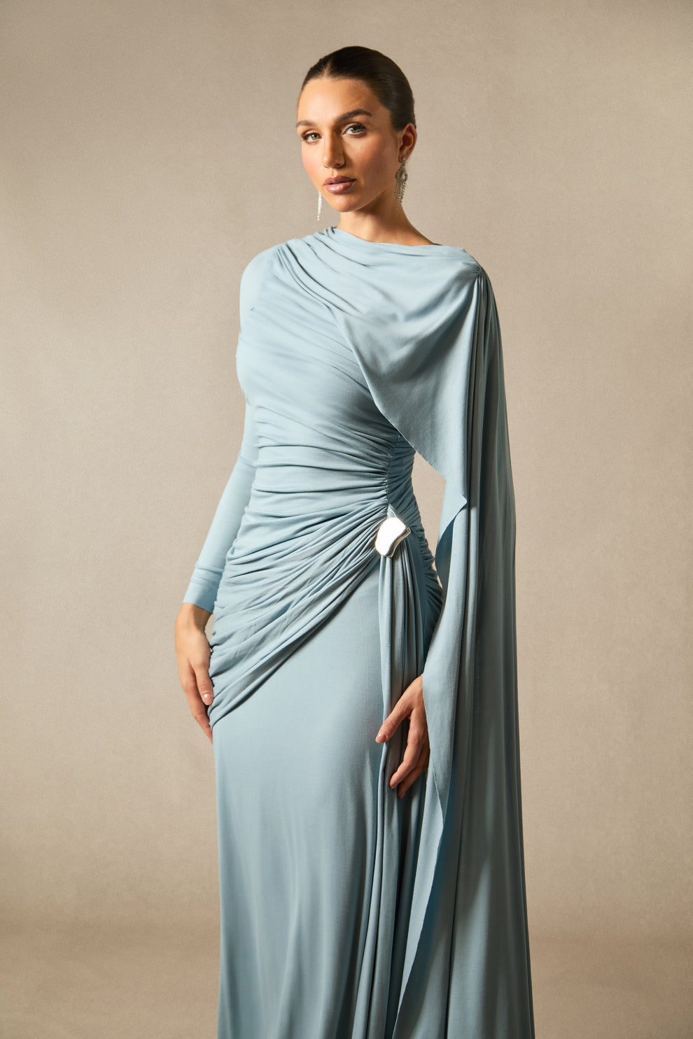 Elsie Long Sleeved Cape Detail Long Dress