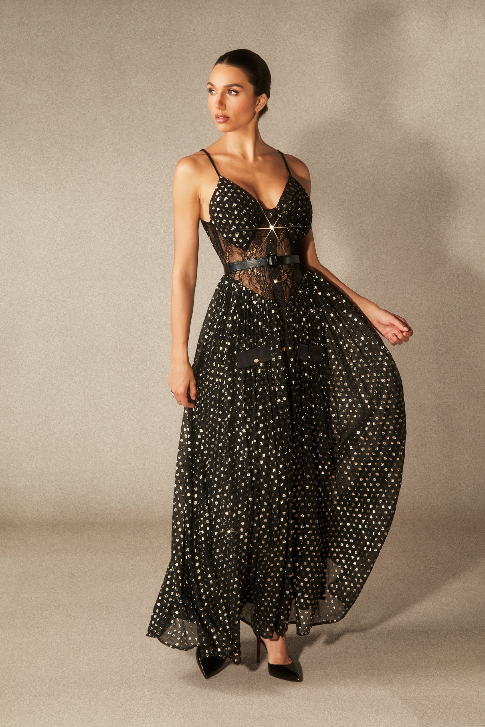 Andrea V-Neck Semi-Sheer Chiffon Long Dress