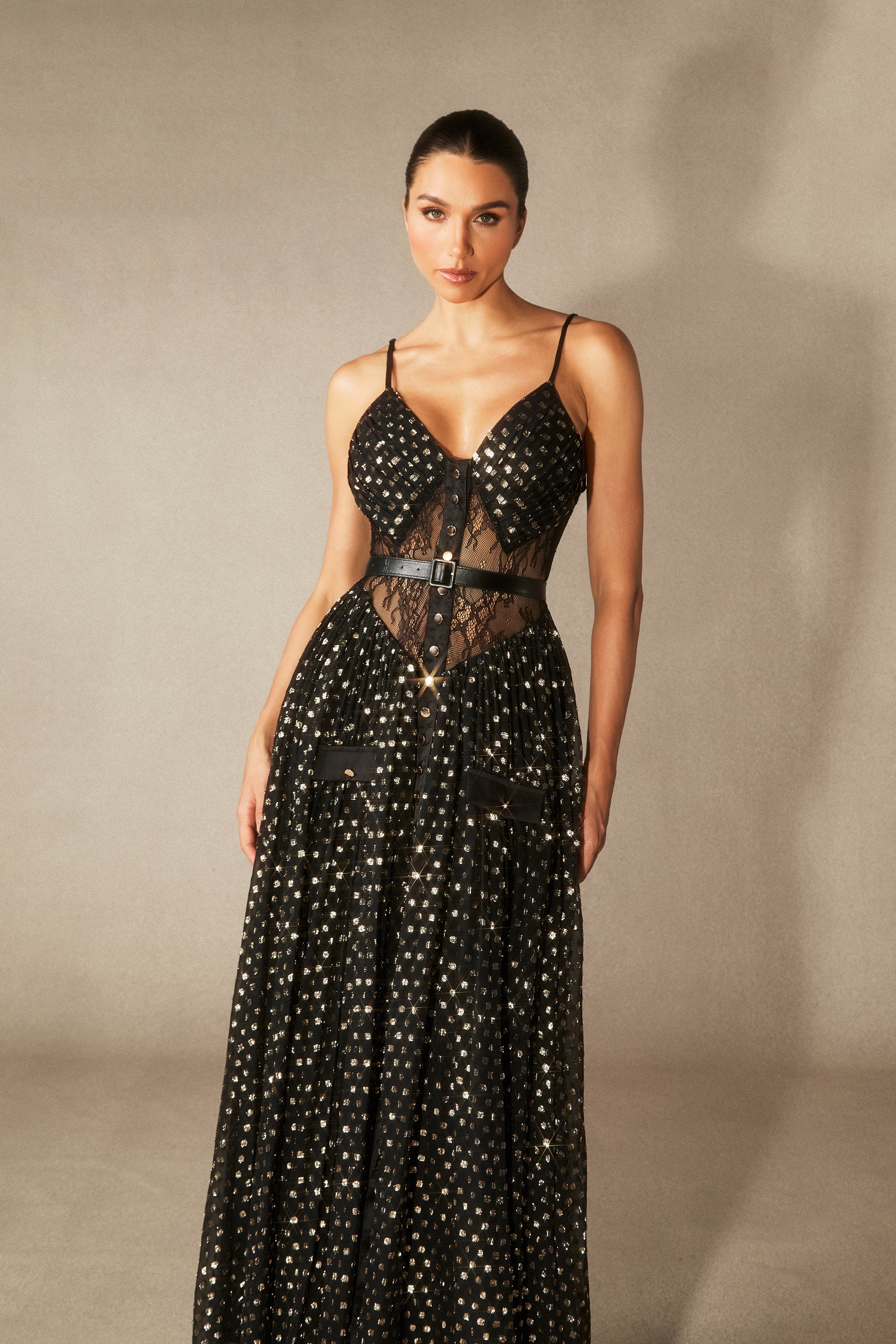 Andrea V Yaka Yarı Şeffaf Şifon Uzun Elbise