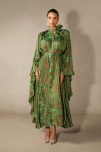 Leona Pleated Corset Cape Sleeve Long Dress
