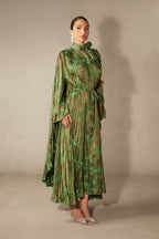 Leona Pleated Corset Cape Sleeve Long Dress