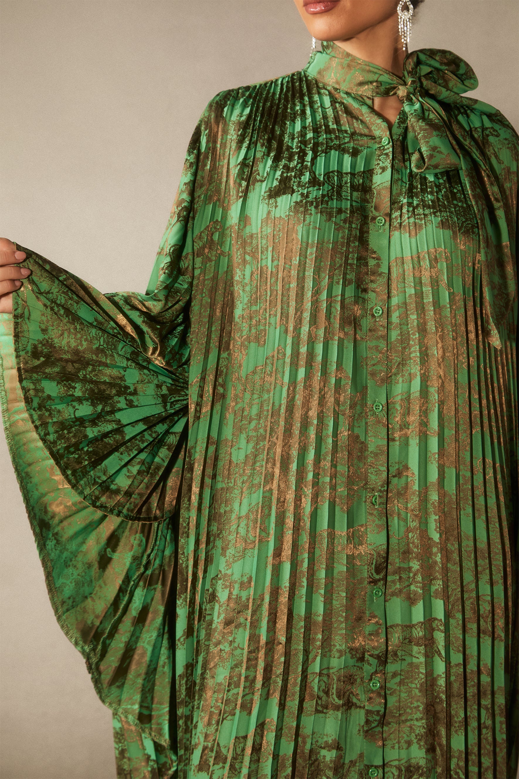 Leona Pleated Corset Cape Sleeve Long Dress