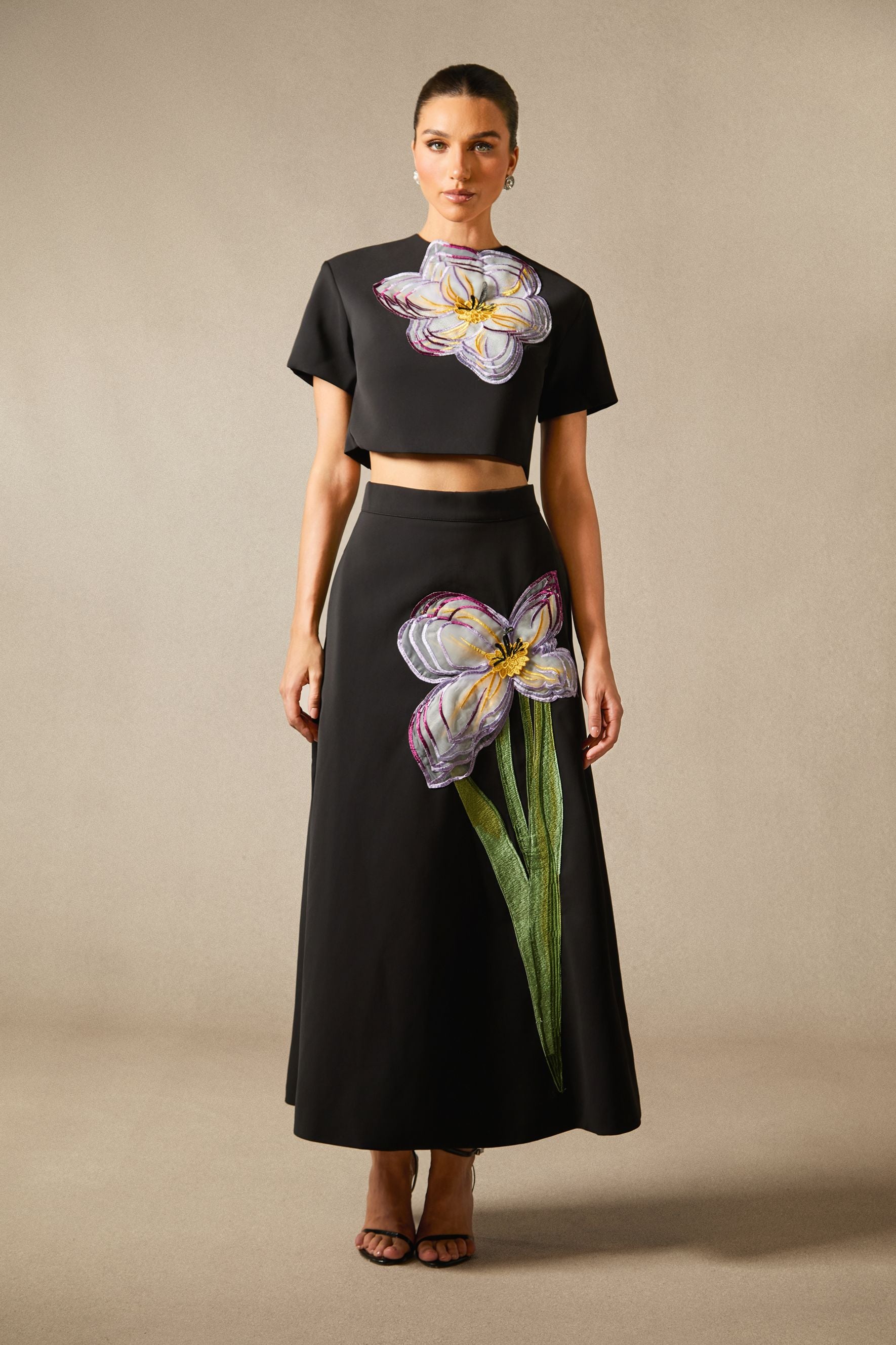 Angelica Short-Sleeved Top and Skirt Set with Floral Applique