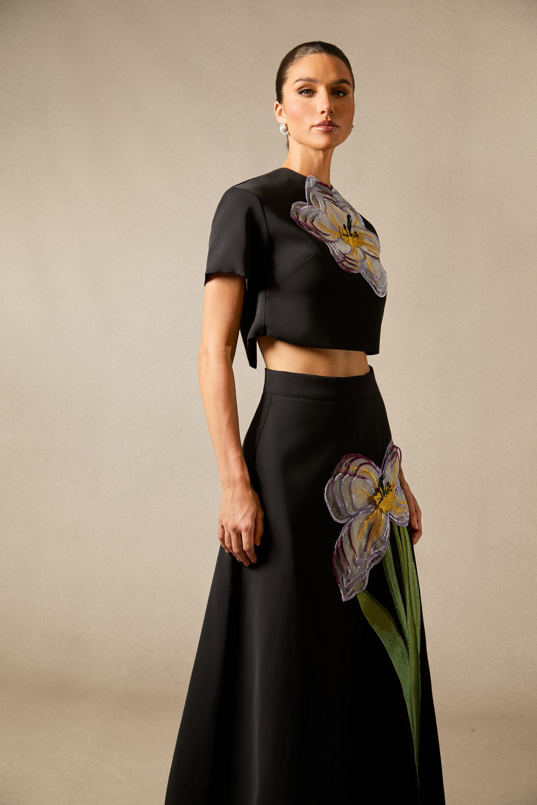 Angelica Short-Sleeved Top and Skirt Set with Floral Applique
