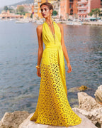 Yellow Laser Cut Floral Pattern Swimsuit Set