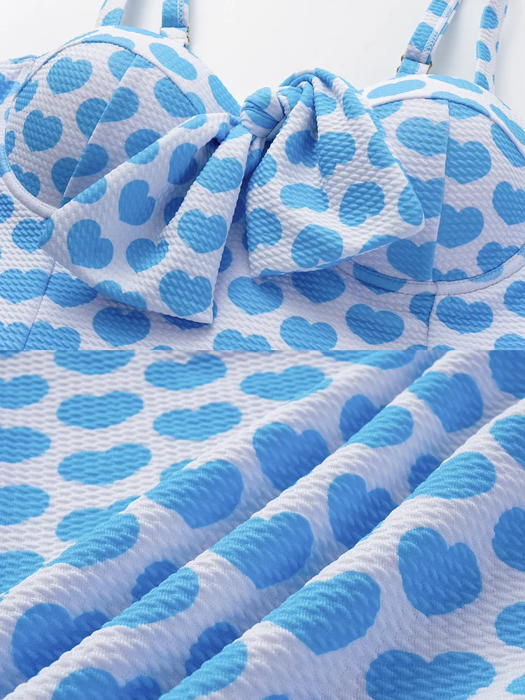 Heart Patterned Swimsuit Set with Bow and Shorts or Skirt