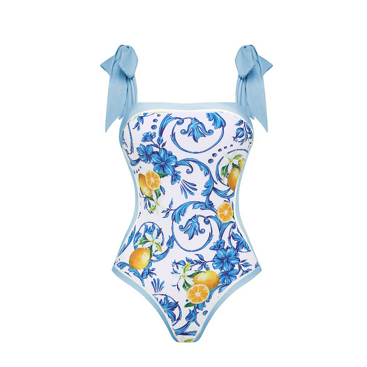 Lemon Patterned Swimsuit Set with Shoulder Straps