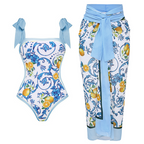 Lemon Patterned Swimsuit Set with Shoulder Straps