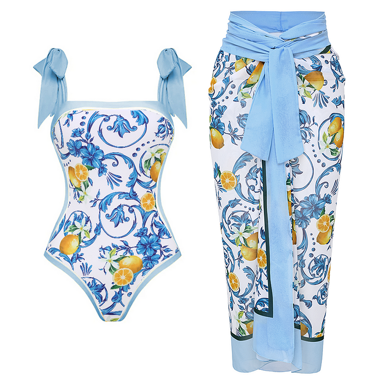 Limon Desenli Omuz Bağcıklı Mayo Takımı