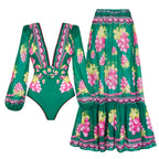 Deep V-Neck Printed Long-Sleeve Anti-Sun Swimsuit Set