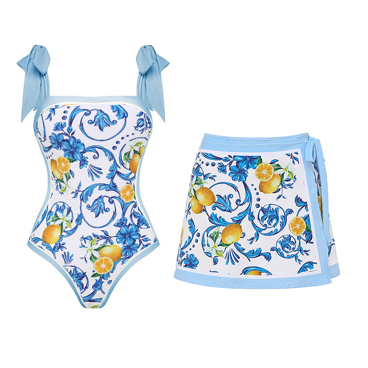 Limon Desenli Omuz Bağcıklı Mayo Takımı