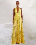 Yellow Laser Cut Floral Pattern Swimsuit Set