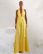 Yellow Laser Cut Floral Pattern Swimsuit Set