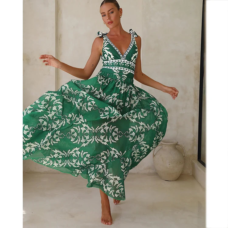 Green Strappy Swimsuit Set with Ruffles