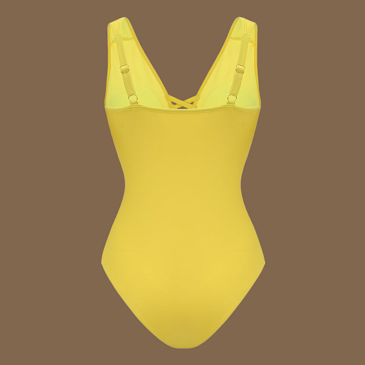 Yellow Laser Cut Floral Pattern Swimsuit Set