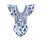 V-Neck Floral Patterned Wavy Swimsuit Set