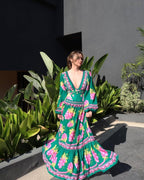 Deep V-Neck Printed Long-Sleeve Anti-Sun Swimsuit Set