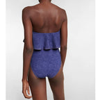 Denim Patterned Swimsuit Set with Wavy Top