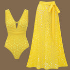 Yellow Laser Cut Floral Pattern Swimsuit Set