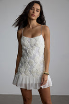 Beverly Floral Applique Pleated Chiffon Mini Dress