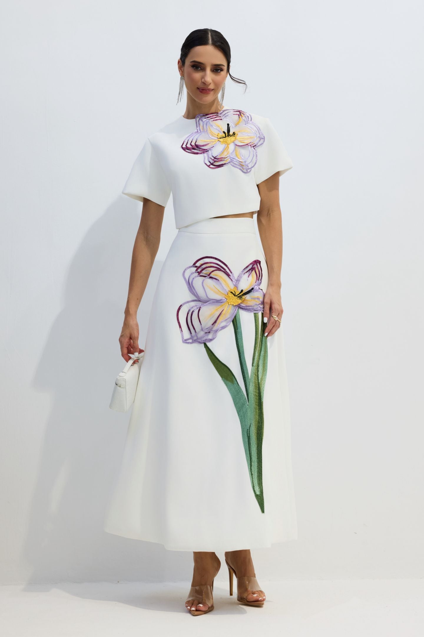 Angelica Çiçek Aplikeli Kısa Kollu Üst ve Etek Takımı