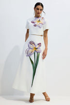 Angelica Short-Sleeved Top and Skirt Set with Floral Applique