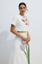Angelica Short-Sleeved Top and Skirt Set with Floral Applique